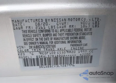 2020 Nissan Sentra Sv Xtronic Cvt z USA, uszkodzony, nr VIN 3N1AB8CV3LY287996
